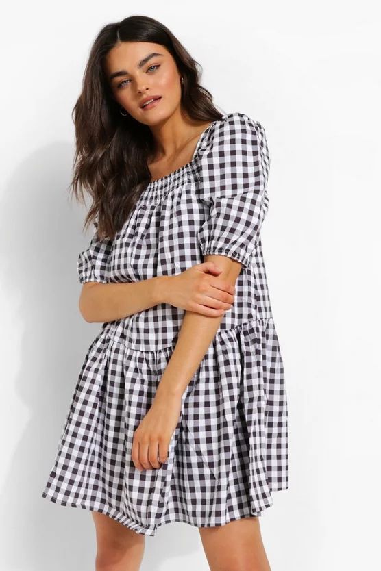 Gingham Square Neck Smock Dress | Boohoo.com (UK & IE)