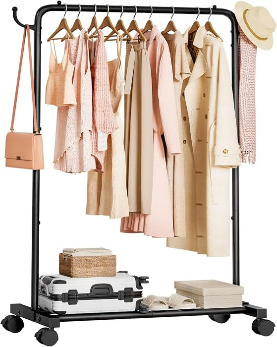 Homde Rolling Clothes Rack with Hooks: Standing Garment Storage for Indoor - Hanging Rod for Bedr... | Amazon (US)