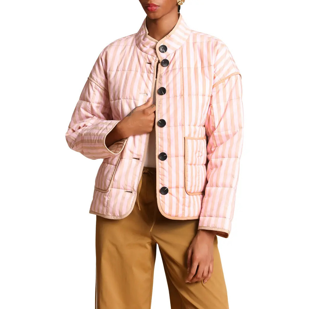 Avec Les Filles Stripe Boxy Quilted Cotton Blend Jacket in Pink-Taupe Stripe at Nordstrom, Size Large | Nordstrom