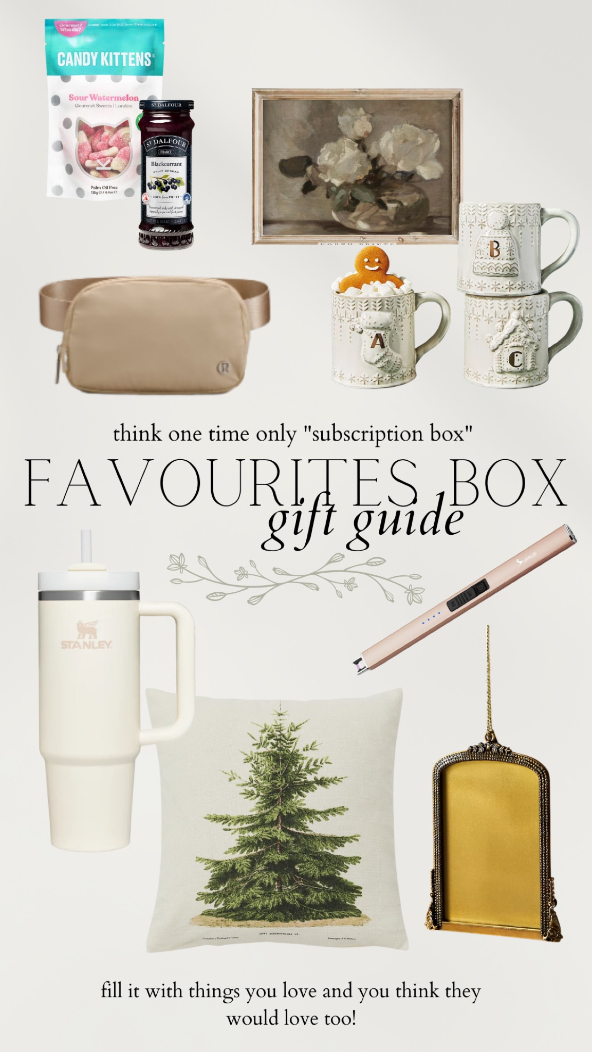 One of my favourite gift ideas from last year. I made a one time “subscription” style box (think Jillian Harris - jilly box etc) filled with my favourite things that I thought my mum and sister would love! 

Usually one bigger item, and some smaller items, plus an ornament and a food item 

#LTKGiftGuide #LTKfamily #LTKHoliday