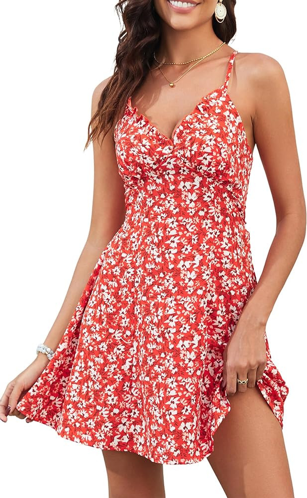 ZAFUL Women's Ditsy Floral Cami Mini Dress V-Neck Cross Back Ruched Frilled A-Line Dress Swing Sk... | Amazon (US)