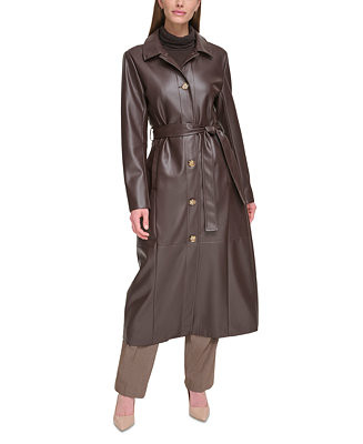 Calvin Klein Women's Belted Faux-Leather Trench Coat - Macy's | Macy's