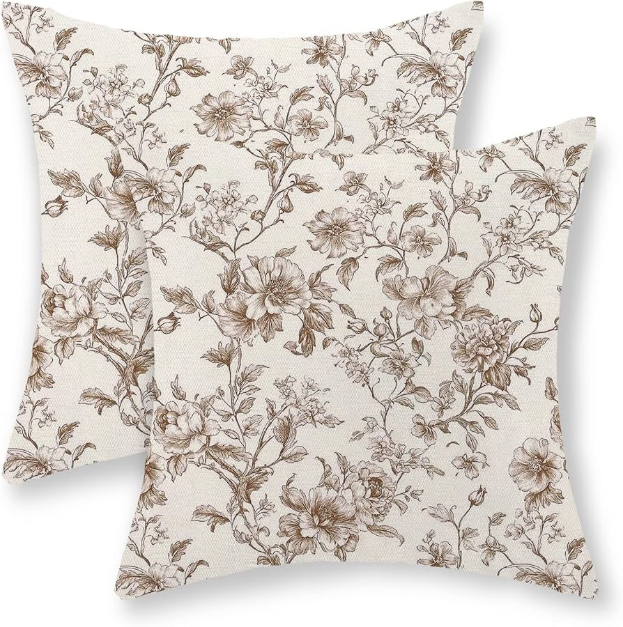 Brown Pillow Covers 20x20 Set of 2 Brown and Cream Floral Chinoiserie Throw Pillows Vintage Rusti... | Amazon (US)