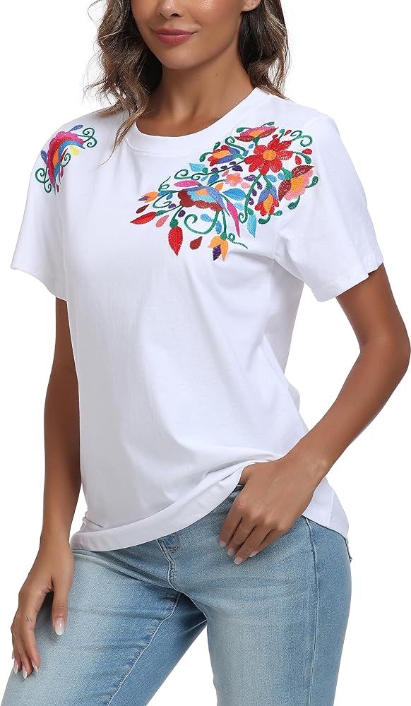 YZXDORWJ Mexican Shirts for Women Traditional Embroidered Tunics Womens Summer Floral Short Sleev... | Amazon (US)