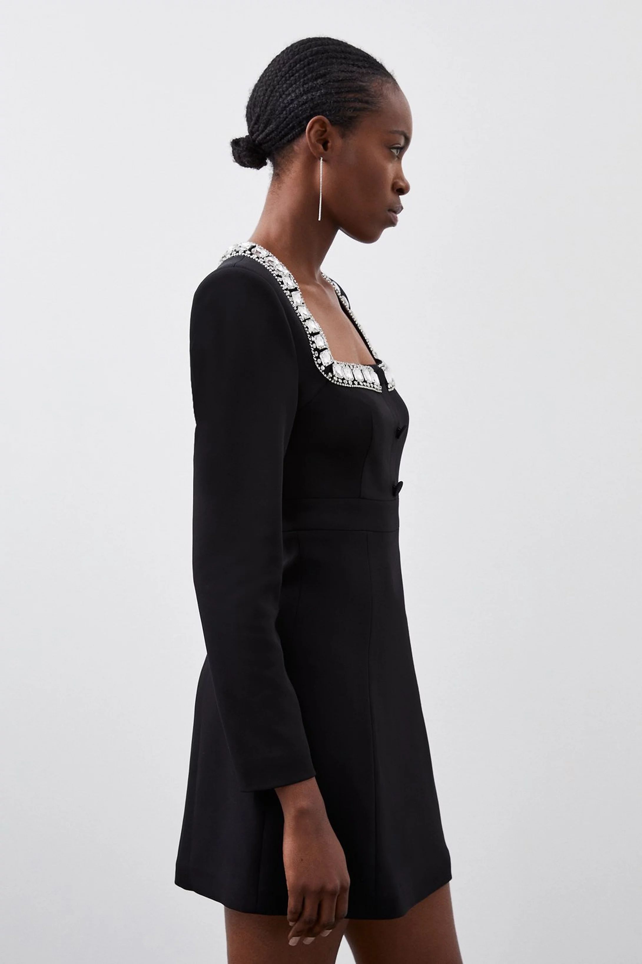 Tailored Compact Viscose Stretch Embellished Sleeve Mini Dress | Karen Millen UK + IE + DE + NL