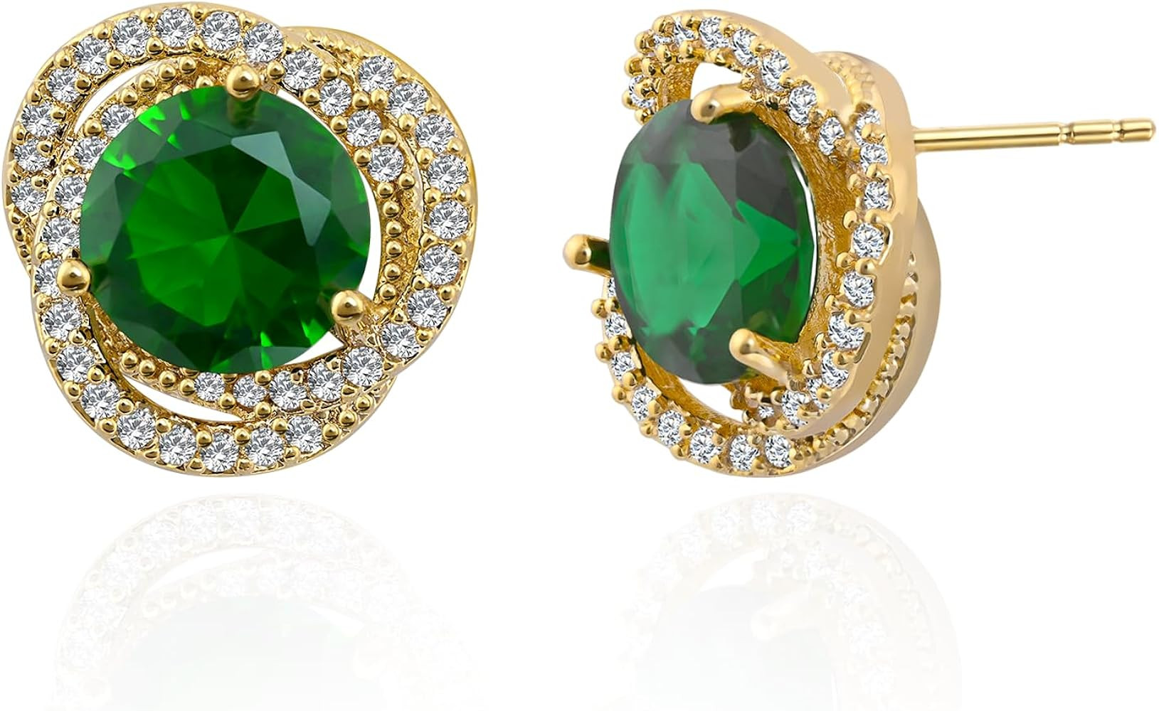 18K Gold Plated Emerald Stud Earrings, Green Crystal with Cubic Zirconia Halo, Hypoallergenic Ste... | Amazon (US)