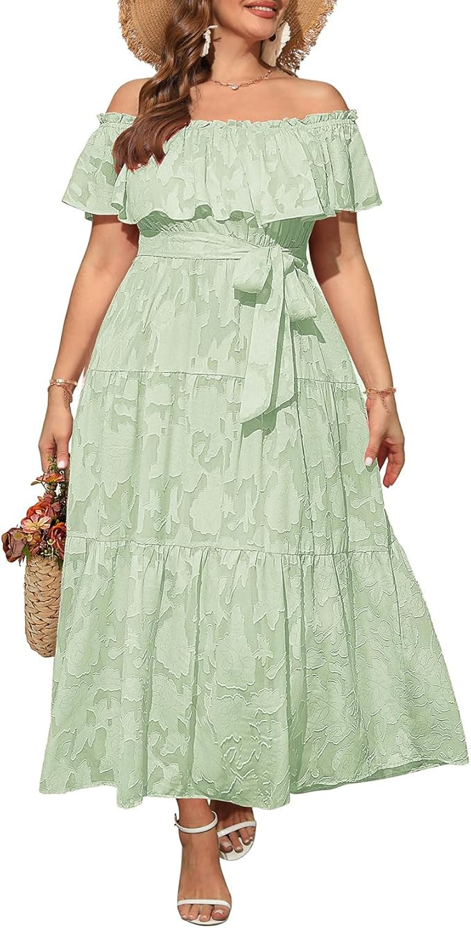 Plus Size Chiffon Off The Shoulder Maxi Long Floral Summer Casual Beach Boho Sundress Women 2024 | Amazon (US)