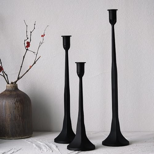 Denique Iron Taper Candle Holder Set of 3, Black Candlestick Holders Decorative Candle Stand, Tapered Candle Holders Tall Set for Wedding, Dining Table, Home Decoration (Black) | Amazon (US)