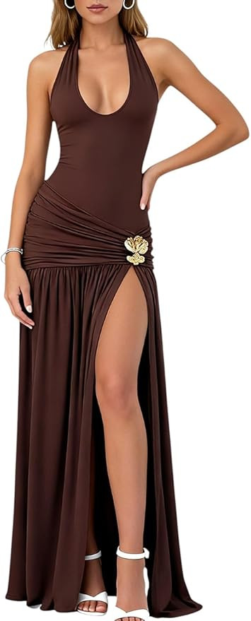 Womens Sexy Deep V Neck High Slit Maxi Dress Halter Tie Backless Formal Evening Party Date Night ... | Amazon (US)