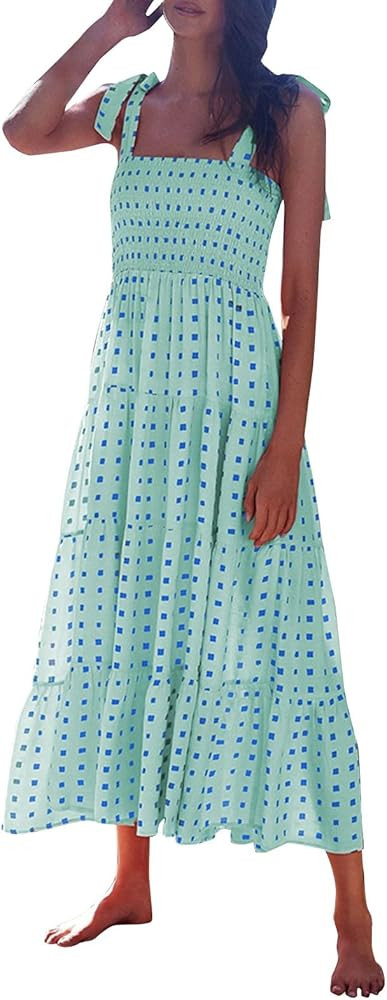 Womens 2024 Summer Polka Dot Printed Dress Beach Casual Sundress Y2K Tie Straps Square Neck Ruffl... | Amazon (US)