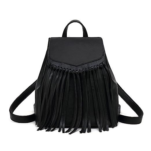 Tassel PU Leather Backpack Vintage Women Fringe Tassel Daypack Casual Travel Hobo Bag | Amazon (US)