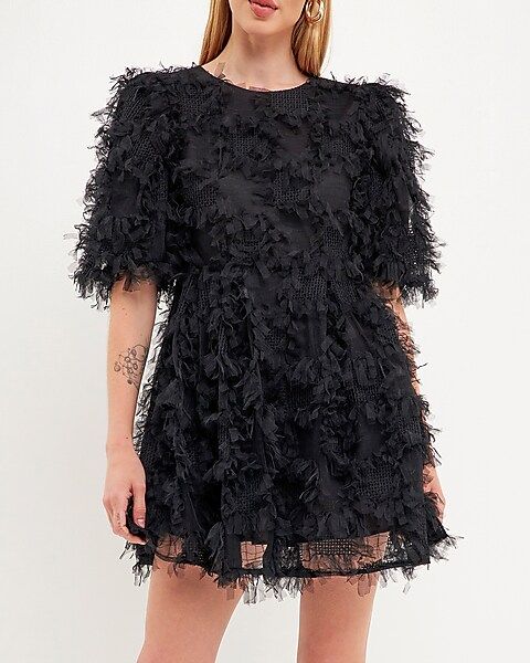 Endless Rose Gridded Mesh Feathered Puff Sleeve Mini Dress | Express