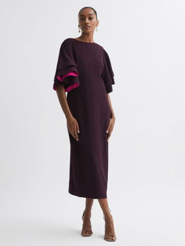 Florere Tiered Sleeve Midi Dress in Burgundy | Reiss UK