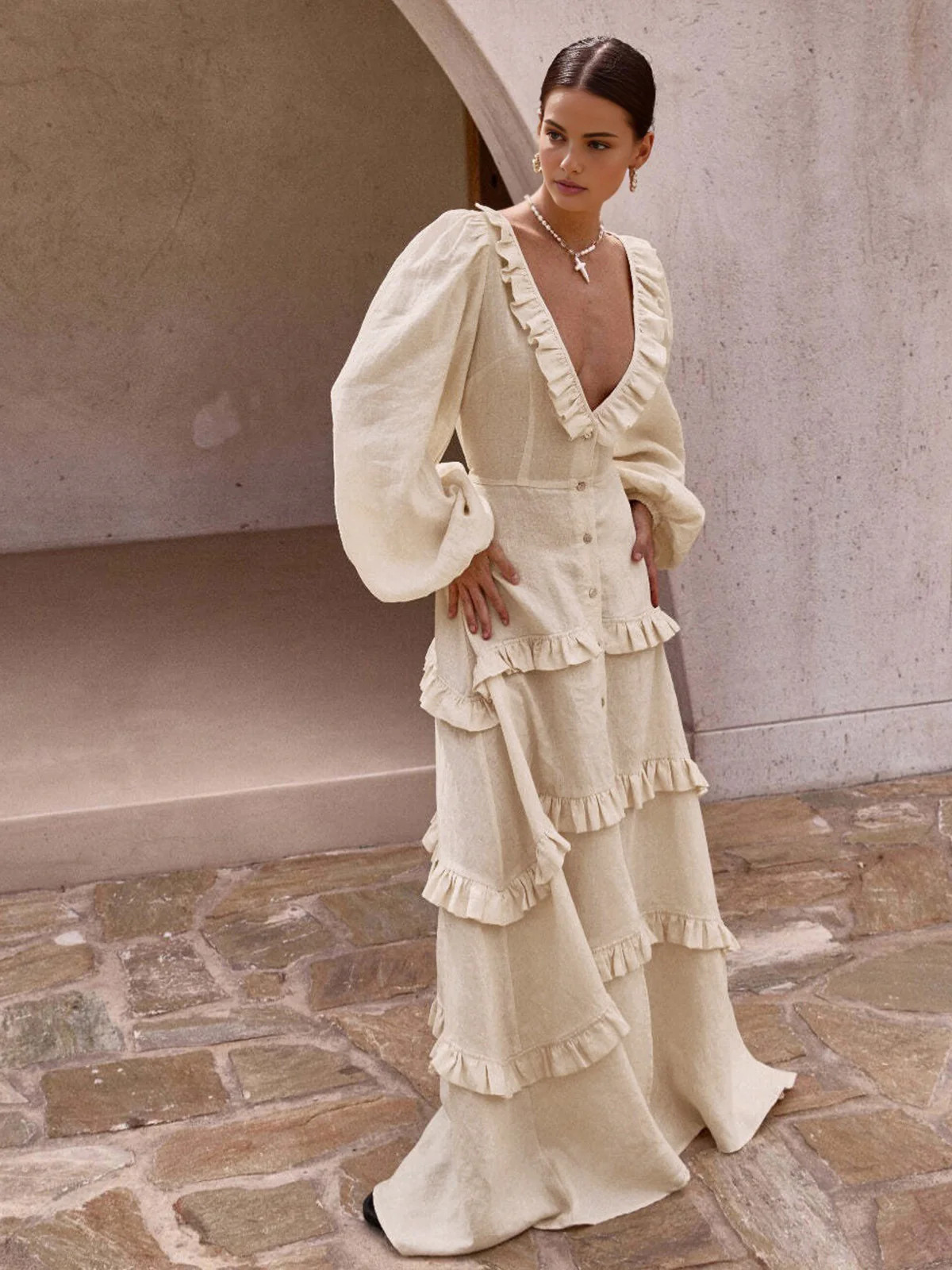 Cotton & Linen Semi-Sheer Ruffle Trim Long Dress | Commense