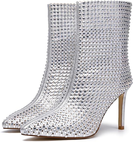 KEEISEA Rhinestone Ankle Boots Hollow Out Sexy Stiletto High Heels with Pointed Toe,Side Zipper | Amazon (US)