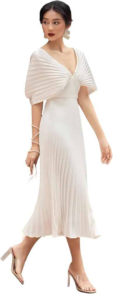 wearVAST Plunge Neck Off Shoulder Pleated Midi Silk Satin Evening Wedding Guest Dress | Amazon (US)