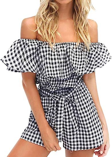 Anna-Kaci Womens Off Shoulder Short Rompers Ruffle Hem Drawstring Waist Short Jumpsuit | Amazon (US)