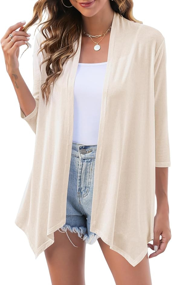 Uvog Women's 3/4 Sleeve Draped Open Front Cardigan Casual Loose Lightweight Cardigans | Amazon (US)