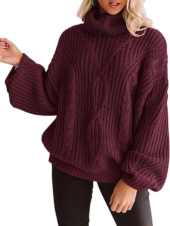 ZESICA Women's Long Sleeve Turtleneck Chunky Knit Loose Oversized Sweater Pullover Jumper Tops | Amazon (US)