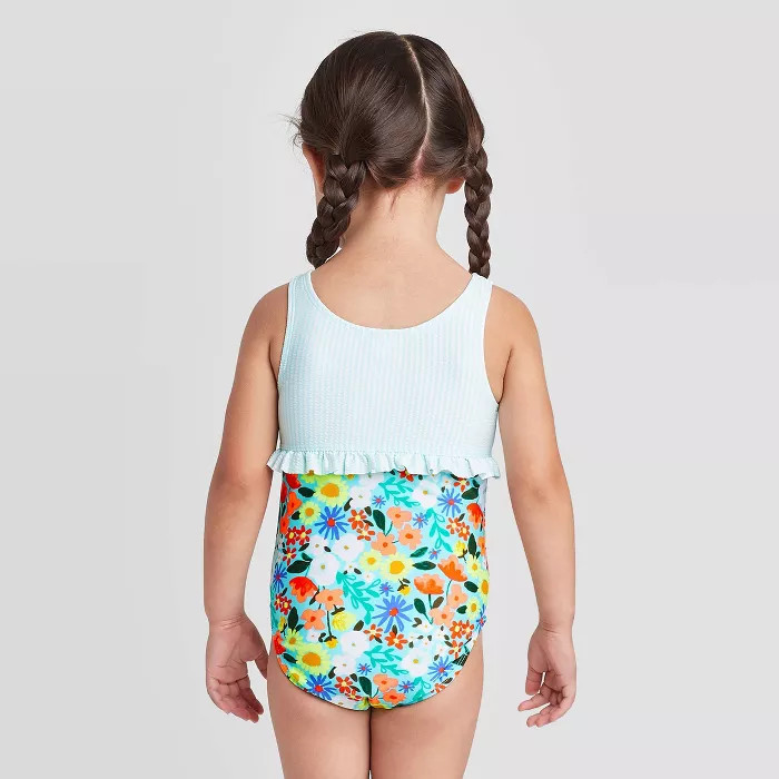 Toddler Girls' Floral Seersucker Empire Ruffle One Piece Swimsuit - Cat & Jack™ Turquoise | Target