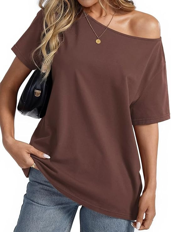 Womens Cotton Oversized Tshirts Boat Neck Off Shoulder Short Sleeve Tops Loose Fit Summer Streetw... | Amazon (US)