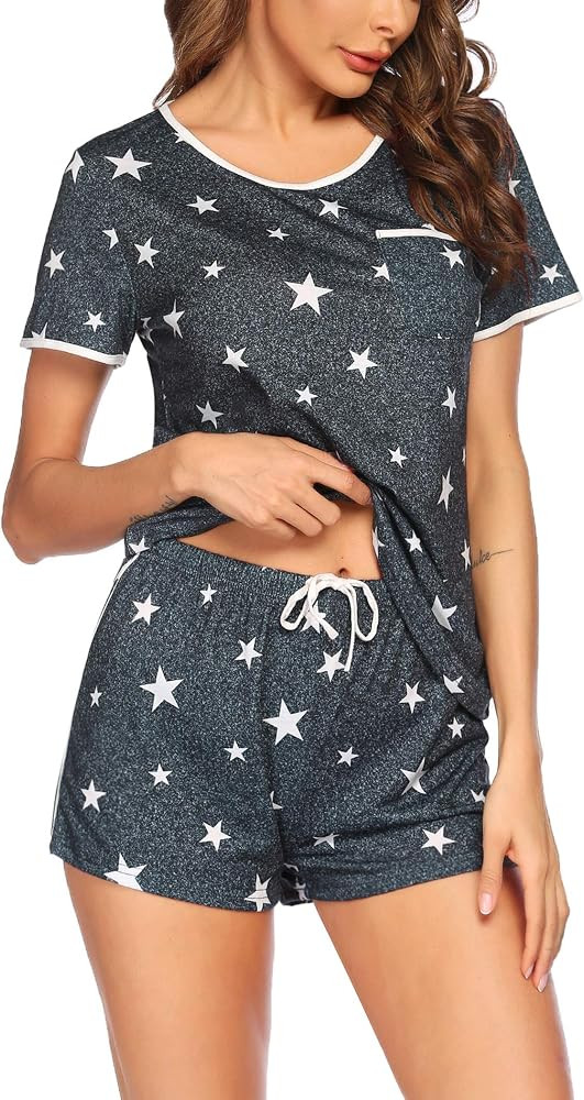 Ekouaer Pajama Set for Women 2 Piece Lounge Set Short Sleeve Tops and Shorts Comfy Sleepwear, Che... | Amazon (CA)