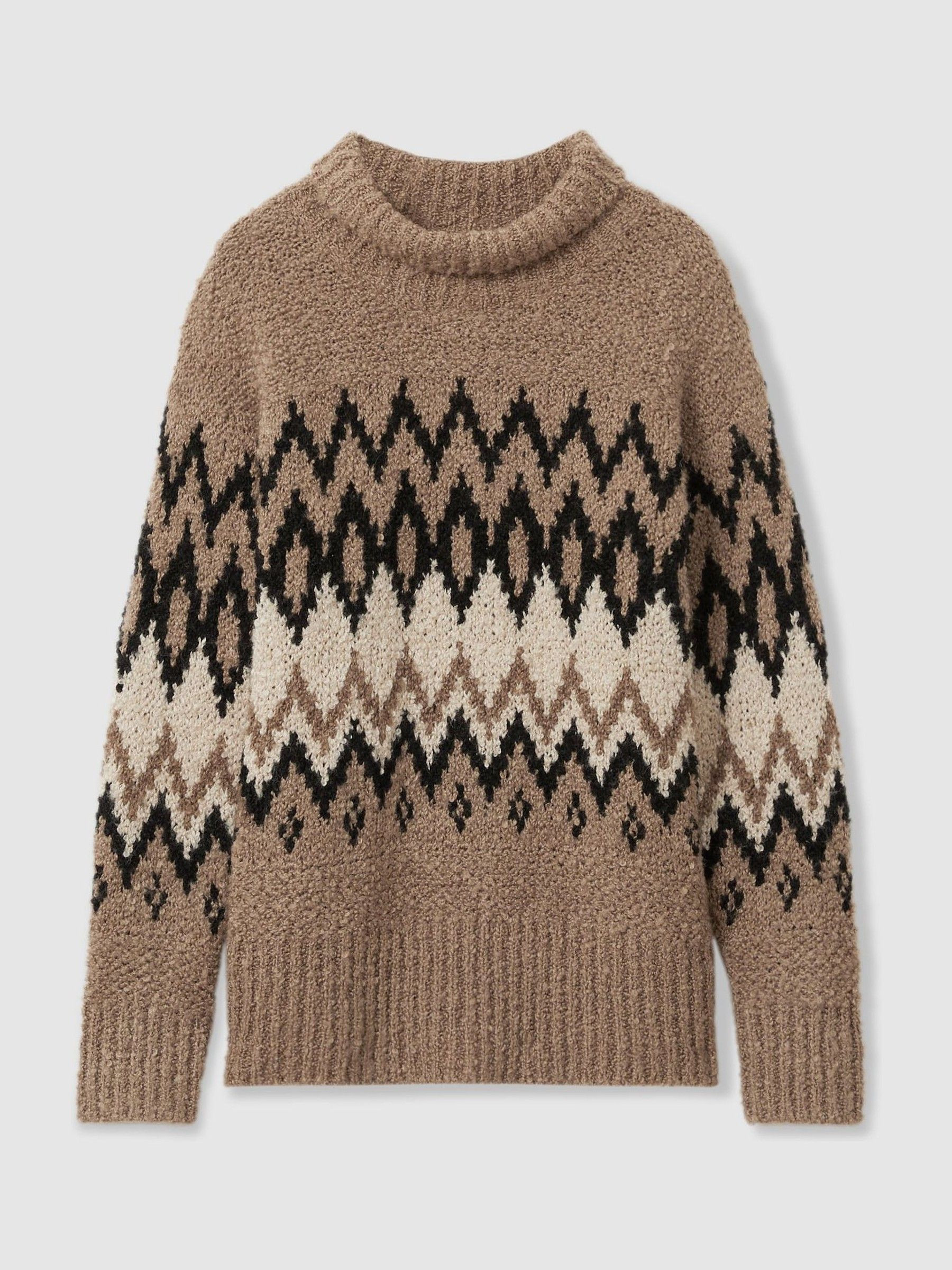 Reiss Chunky Fairisle Pattern Knit Funnel Neck Jumper in Brown - REISS | Reiss UK