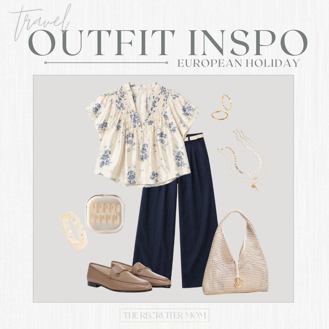 This blue floral top + navy wide-legs is the polished-but-easy combo I'd wear all over Europe 💙 Slip on some tan loafers, grab a woven hobo, and you've got that effortless holiday look down 🌸

#LTKSeasonal #LTKOver40 #LTKTravel