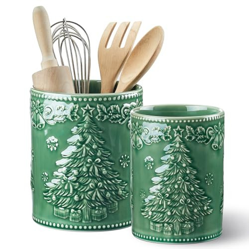 Metahom Christmas Tree Utentsil Holder, 7.4"+5.4" Ceramic Utensil Holders for Kitchen, Cooking Utensil Crocks for Countertop, Set of 2, Green | Amazon (US)