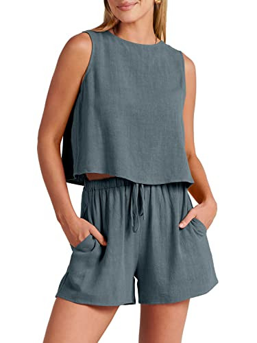 ANRABESS Women’s Summer 2 Piece Linen Shorts Sets Sleeveless Crop Top Romper Lounge Set 2024 Trendy Beach Outfits Grey Blue Large | Amazon (US)