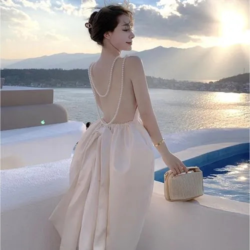 Pensacola - Faux Pearl Open-Back Midi A-Line Dress | YesStyle Global