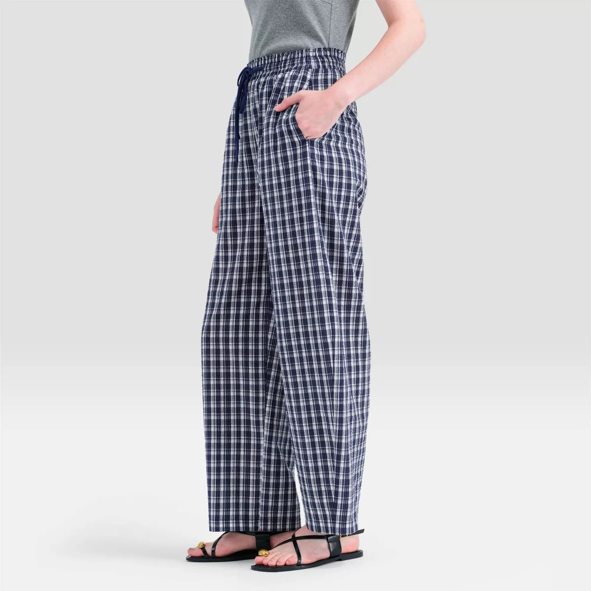 Women's High-Rise Barrel Leg Pants - Universal Thread™ Navy/White Plaid S | Target