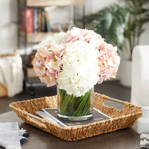 White and Pink Mixed Hydrangea Arrangement in Glass Vase w Faux Grass Filler 14"L x 14"H - 14 x 1... | Bed Bath & Beyond