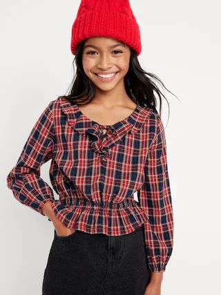 Long-Sleeve Plaid Ruffle-Trim Top for Girls | Old Navy (US)