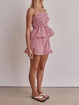 Miqil Women Ruffle Shorts Set Y2K Sleeveless Elastic Ruched Hem Tube Top Shorts 2 Piece Cute Summ... | Amazon (US)