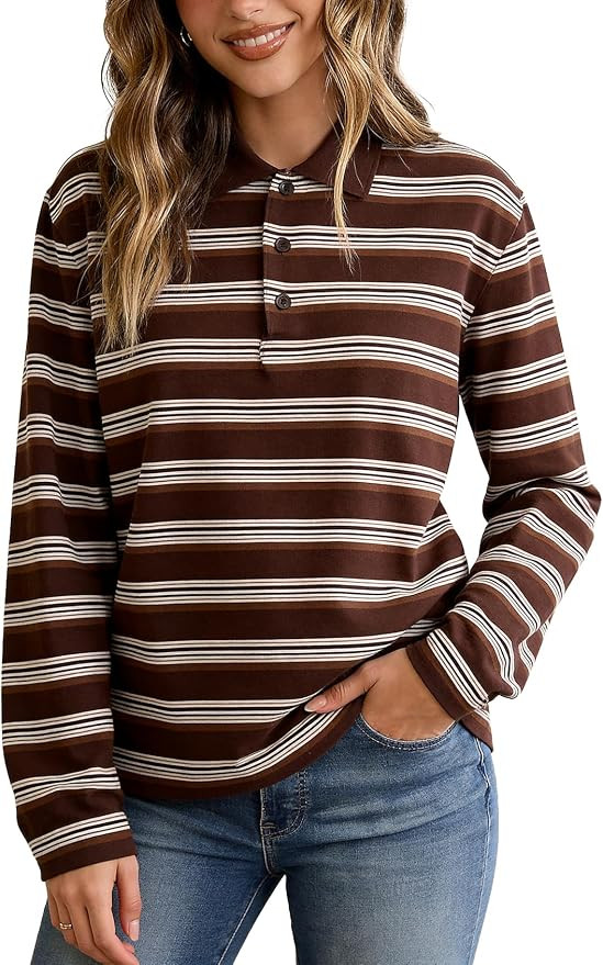 Vintage Color Block, Y2K Turn Down Collar, Button V Neck, Preppy Back to School Clothes, Dressy T... | Amazon (US)