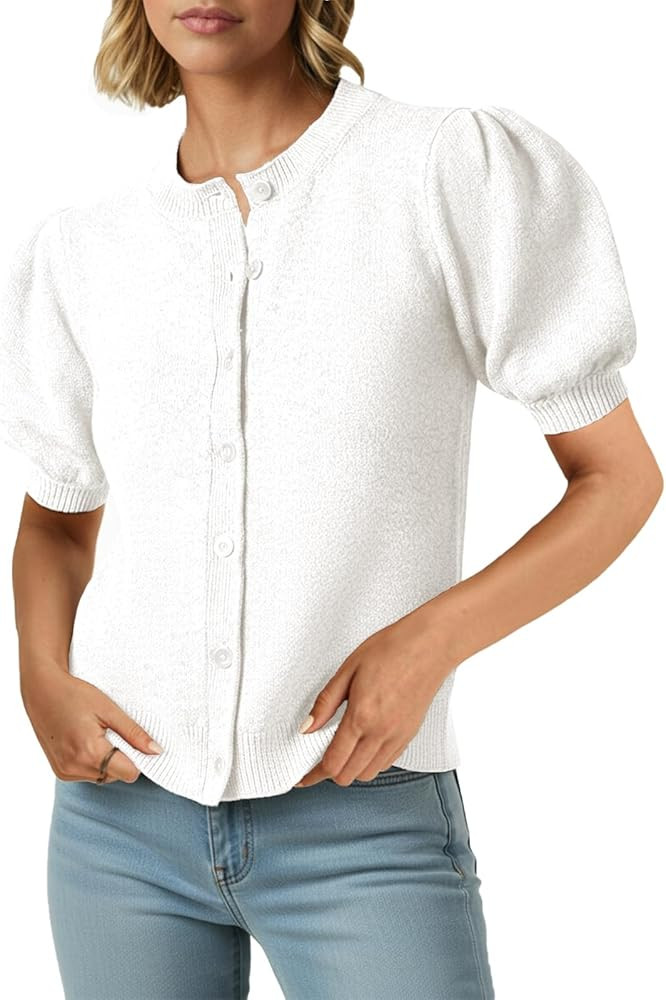 Saodimallsu Womens Puff Short Sleeve Cardigans Casual Summer Button Down Lightweight Knit Crew Ne... | Amazon (US)
