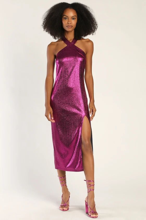 Shining Pretty Magenta Pink Metallic Halter Midi Dress | Lulus (US)