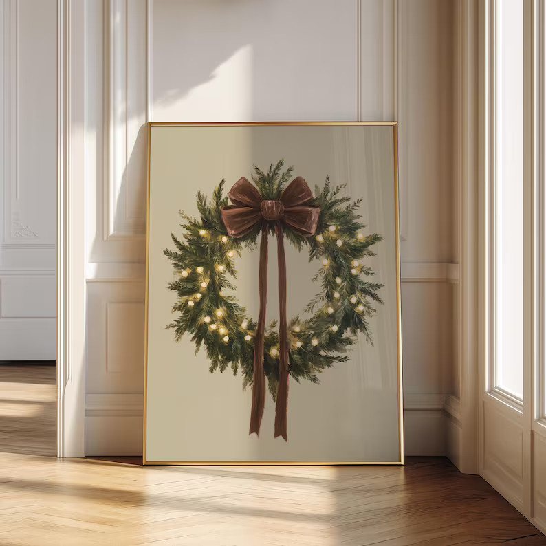 Brown Bow Christmas Wreath Wall Art Rustic Holiday Print Cozy Winter Greenery Decor Farmhouse Chr... | Etsy (US)