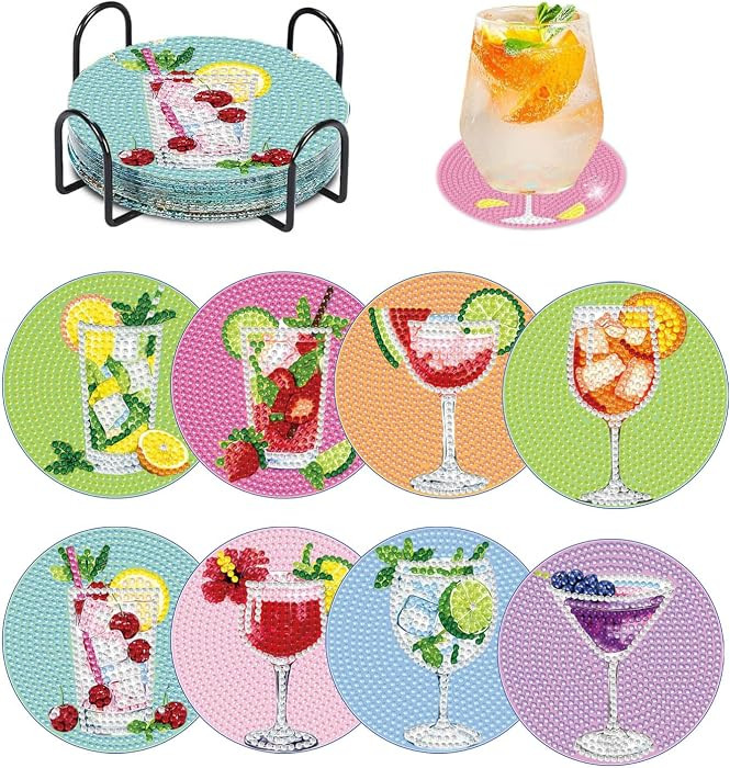 Dlylust 8 PCS Cocktail Diamond Art Coasters Kits, Diamond Painting Coasters with Holder Set of 8,... | Amazon (US)