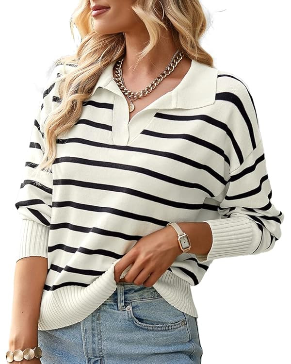 Mincib Women's Lightweight Striped Loose Sweater Polo V Neck Knitted Lapel Shirt Casual Color Blo... | Amazon (US)