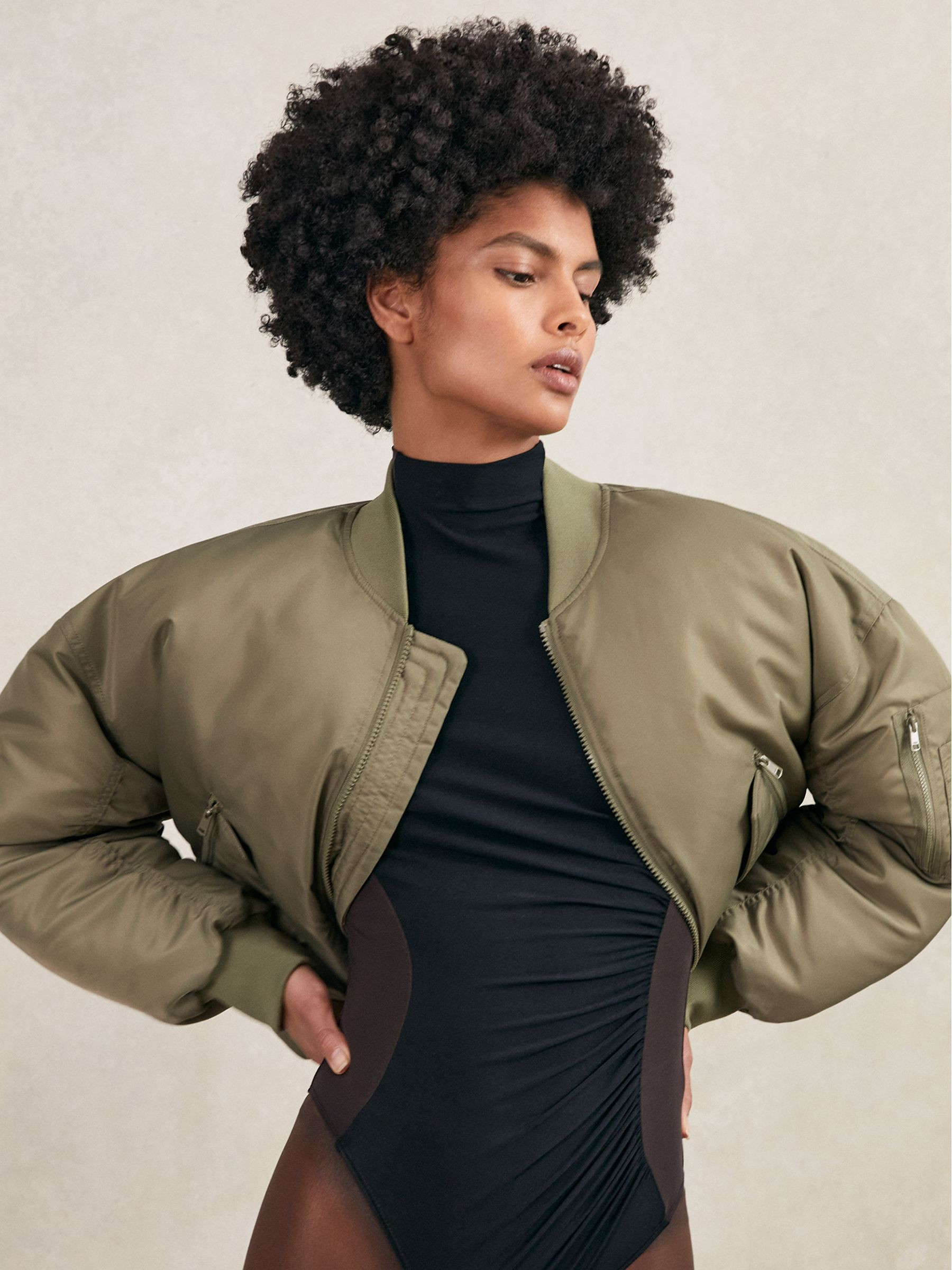 Technical Puffer Bomber Jacket in Khaki | Reiss US