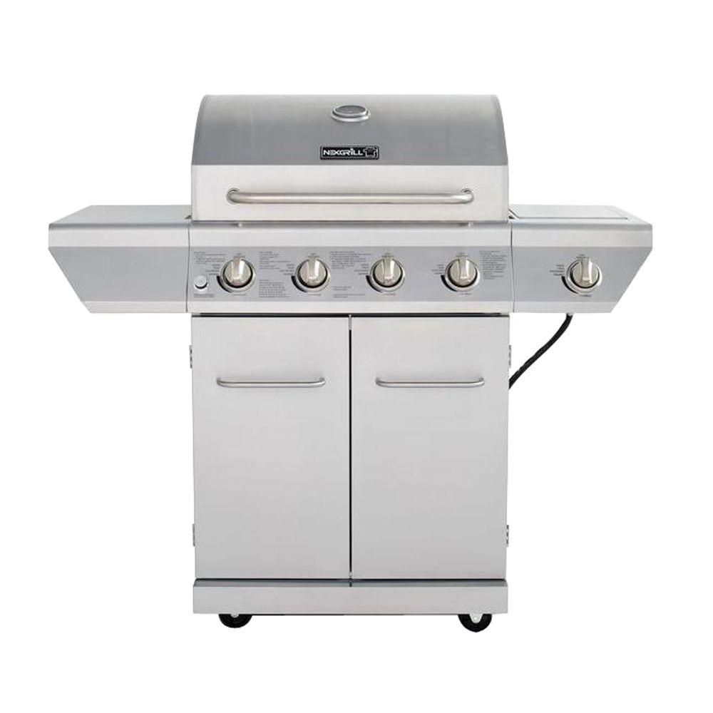 4-Burner Propane Gas Grill in Stainless Steel with Side Burner and Stainless Steel Doors | The Home Depot