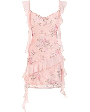 CIDER Women's Floral Mini Dress Ruffle Cowl Neck Cute Summer Dresses Wedding Guest Dress Trendy D... | Amazon (US)
