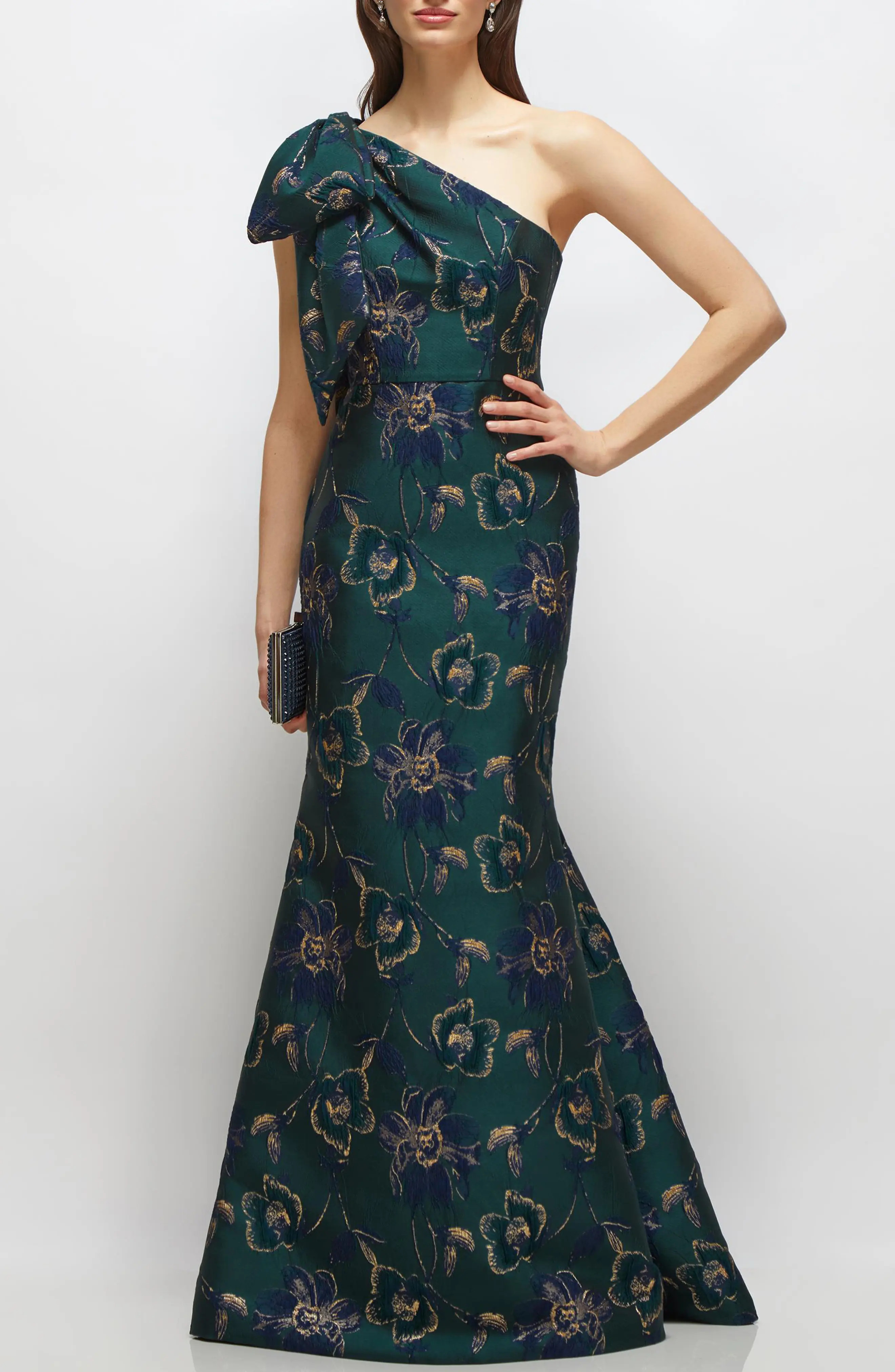 Alfred Sung One-Shoulder Metallic Floral Jacquard Trumpet Gown in Evergreen Floral at Nordstrom, Size 0 | Nordstrom