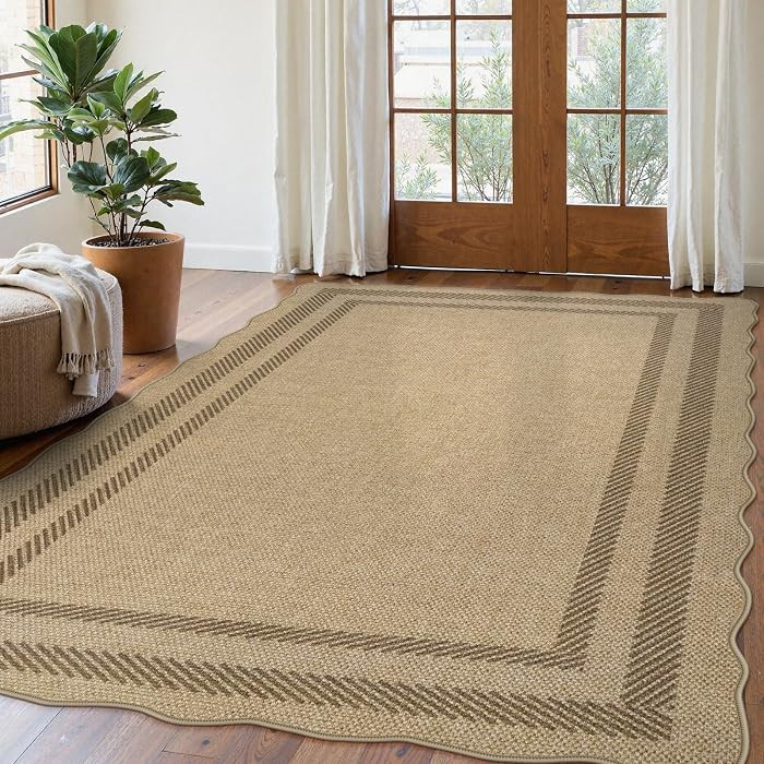 LIVEBOX Scalloped Washable 5x7 Rug, Easy Jute Tan Rugs for Living Room, Indoor Geometric Rug for ... | Amazon (US)