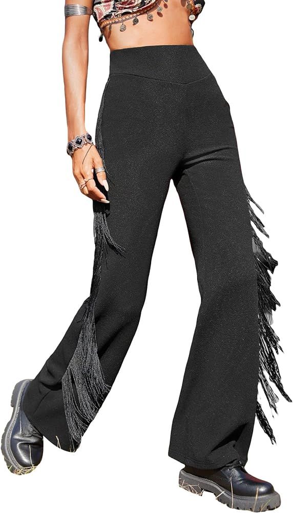 Verdusa Women's Vintage Fringe High Waist Flare Leg Dance Pants Tassel Trousers Bottom | Amazon (US)
