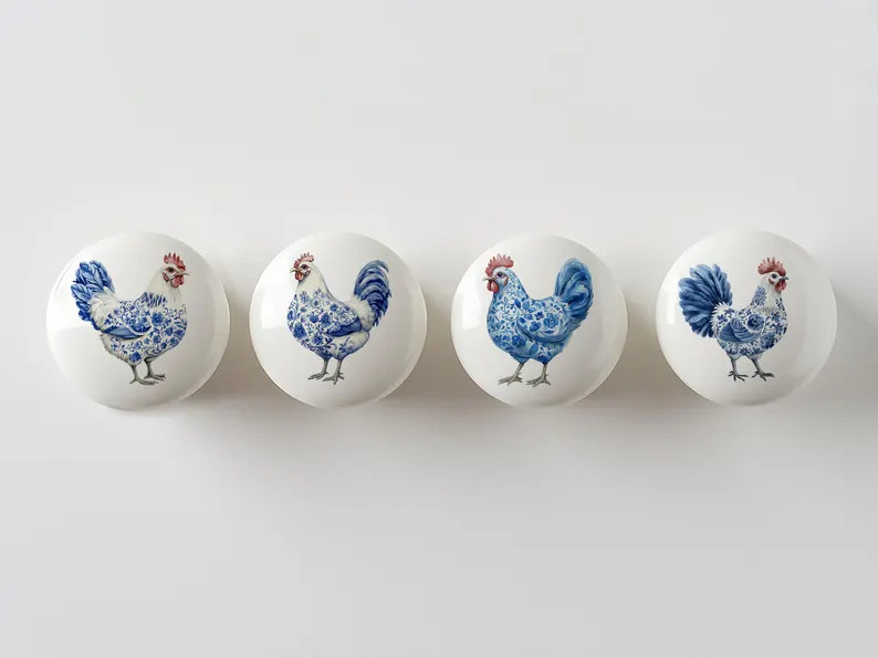 Set of 4 Delft Blue Chickens Decorative Ceramic Round Drawer Knobs | Etsy (Global)