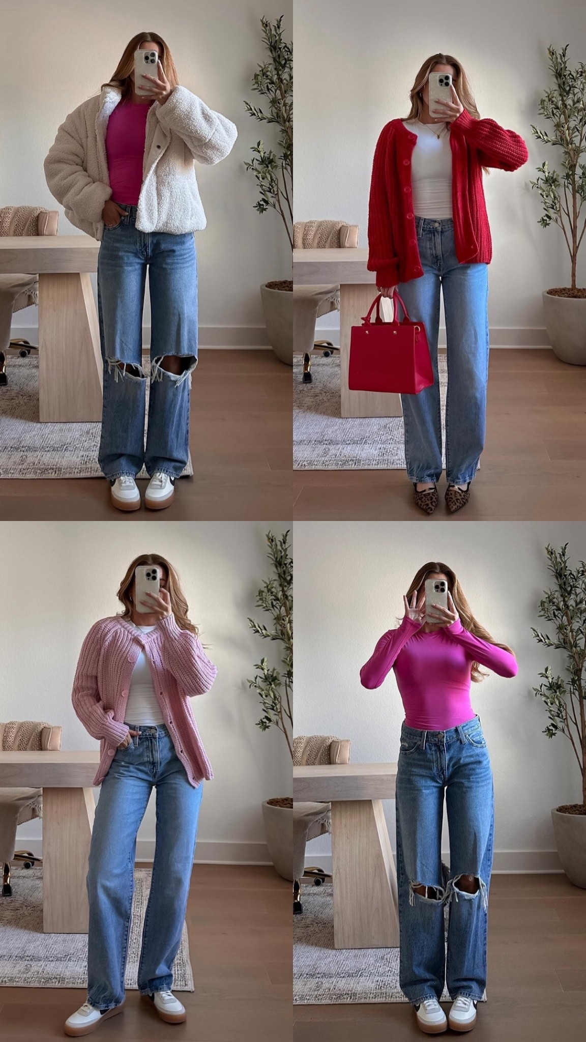 easy mostly amazon valentine’s outfit ideas! wearing a 25 in the jeans // xs in long sleeve tops // small in cardigans // vday, valentine’s date, galentine’s, pink, red, casual, jeans