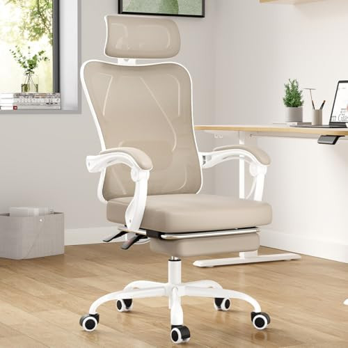 Farini Ergonomic Office Chair with Footrest, Mesh Office Desk Chair with Headrest, High Back Computer Chair with Adjustable Lumbar Support.for Home Office Study Room Bedroom (with footrest, Khaki) | Amazon (US)